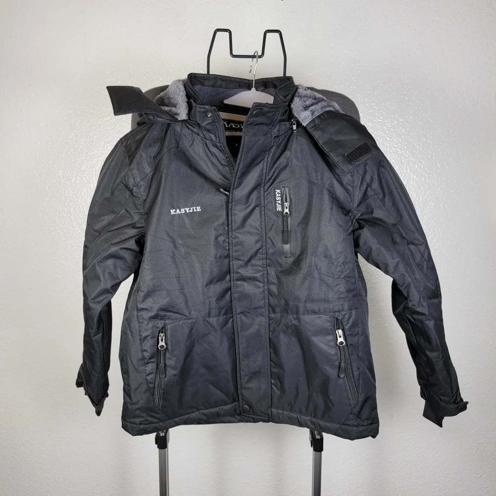 Kasyjie Boys Winter Jacket Size 8 Black Hooded Lined Warm
